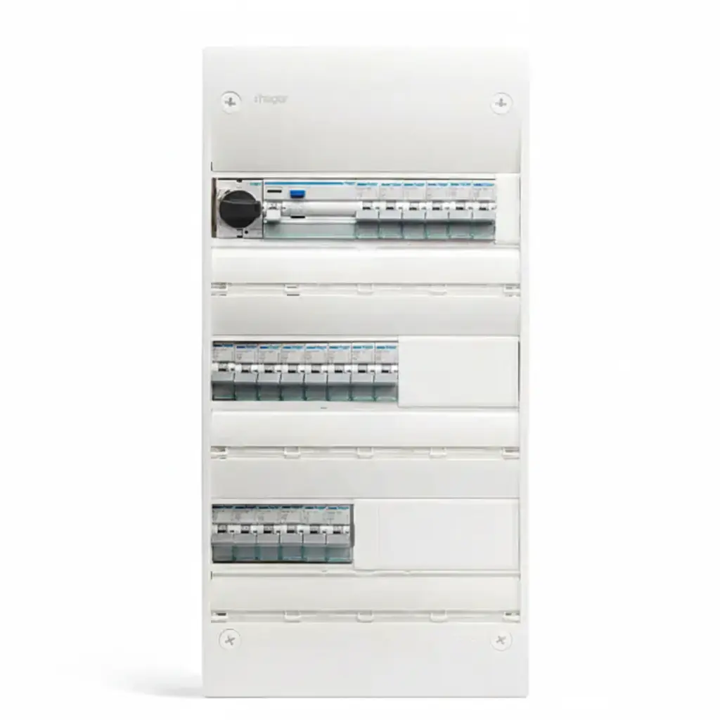 Modern elcentral Hager med 3 rader installerad av elektriker i Skåne